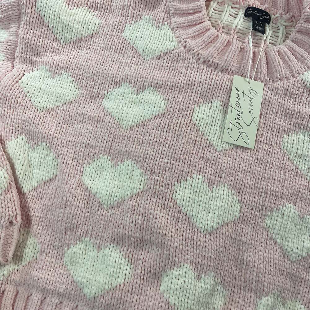 Streetwear Society Pink White Heart Pattern Fuzzy Knit Crewneck Sweater Medium